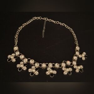 Daisy Silver Tone Floral Rhinestone Enamel Pearl Necklace Choker  Jewelry